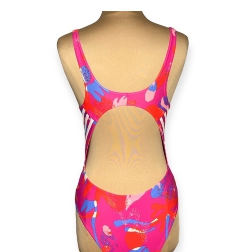 ADIDAS Pink multicolor Floral 3-Stripes One Piece retro 90’s Swimsuit size 12 - Picture 5 of 8